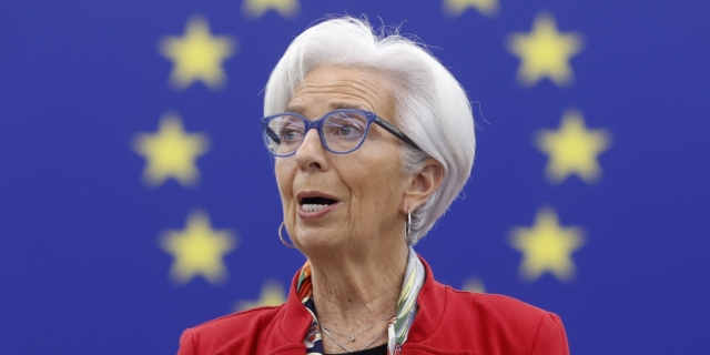 FILE - The President of European Central Bank, Christine Lagarde, delivers a speech at the European Parliament in Strasbourg, France, on Feb. 15, 2023. Inflation fell again in Europe in August, supporting market speculation that the European Central Bank might pause its record series of interest rate hikes. (AP Photo/Jean-Francois Badias, File)