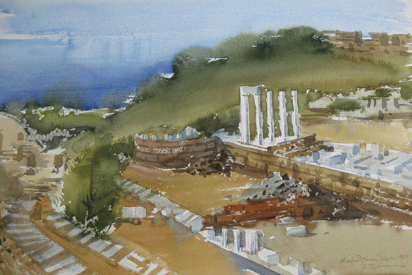 Πάρις Πρέκας (Έλληνας, 1926-1999), Σαμοθράκη, 1969. Υδατογραφία, 50 × 70 εκ. Μουσείο Μπενάκη, (ΓΕ_46592), δωρεά Μερόπης Πρέκα.