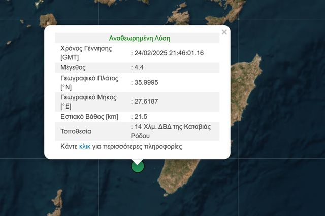 Σεισμός 4,4 Ρίχτερ στη Ρόδο