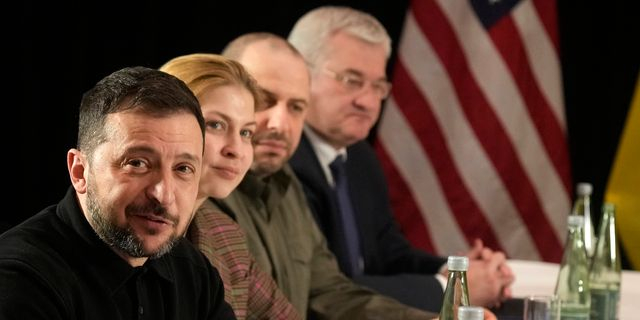 Ukraine's President Volodymyr Zelenskyy, left, attends a meeting with United States Vice-President JD Vance on the sidelines of the Munich Security Conference in Munich, Germany, Friday, Feb. 14, 2025.