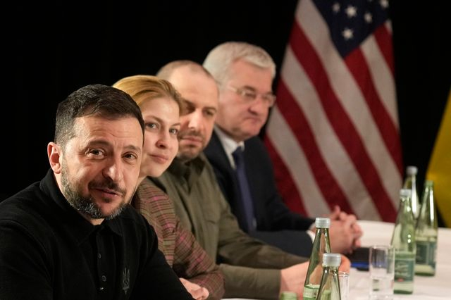 Ukraine's President Volodymyr Zelenskyy, left, attends a meeting with United States Vice-President JD Vance on the sidelines of the Munich Security Conference in Munich, Germany, Friday, Feb. 14, 2025.